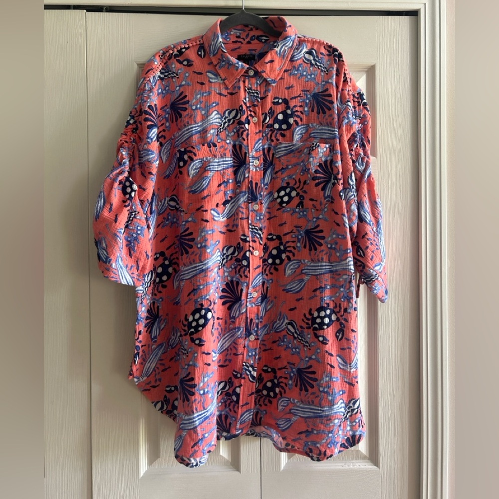 Talbots Cover-Up Size 1X Coral Underwater Vision Gauze shirt Sea Pattern Beach